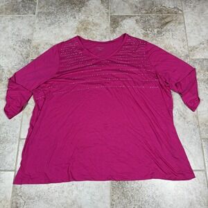 Catherines Top Womens 4X Pink 3/4 Sleeve V-Neck Studded Casual Basic Stretch